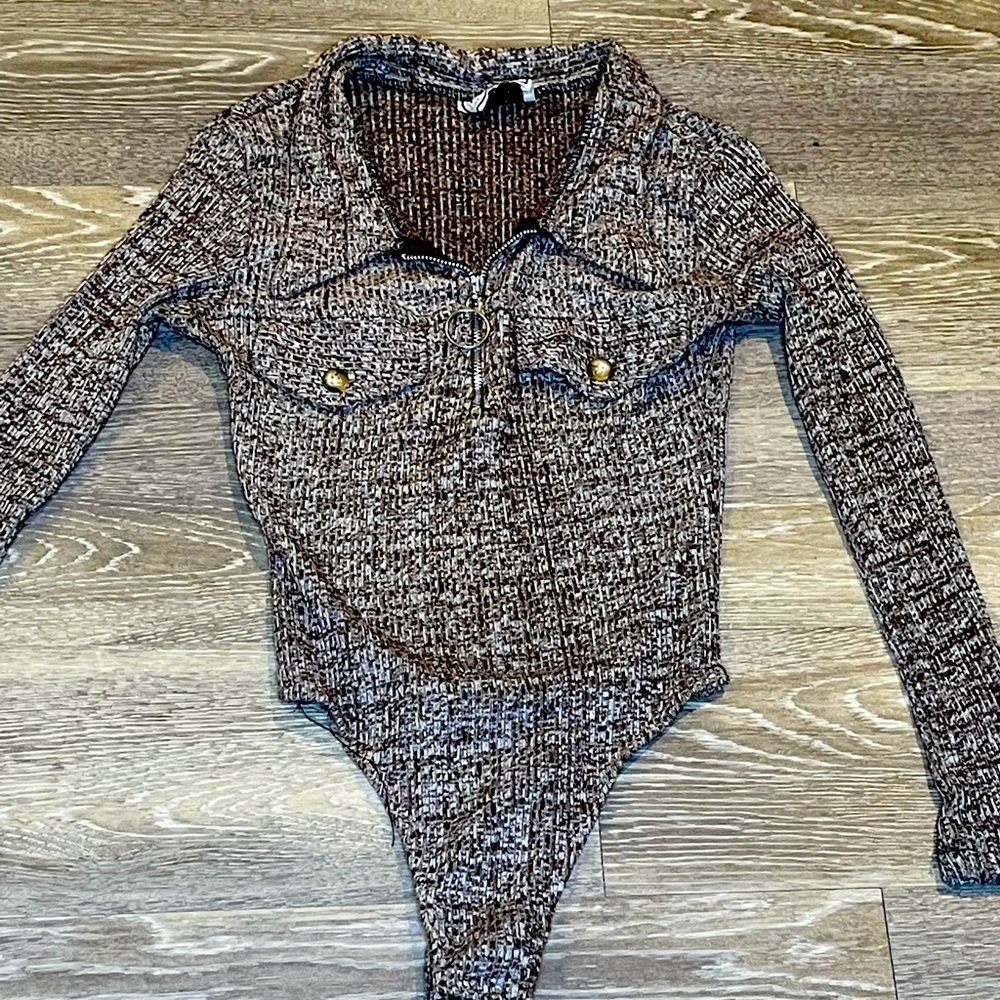 Long sleeve collared bodysuit brown beige heathered size xs